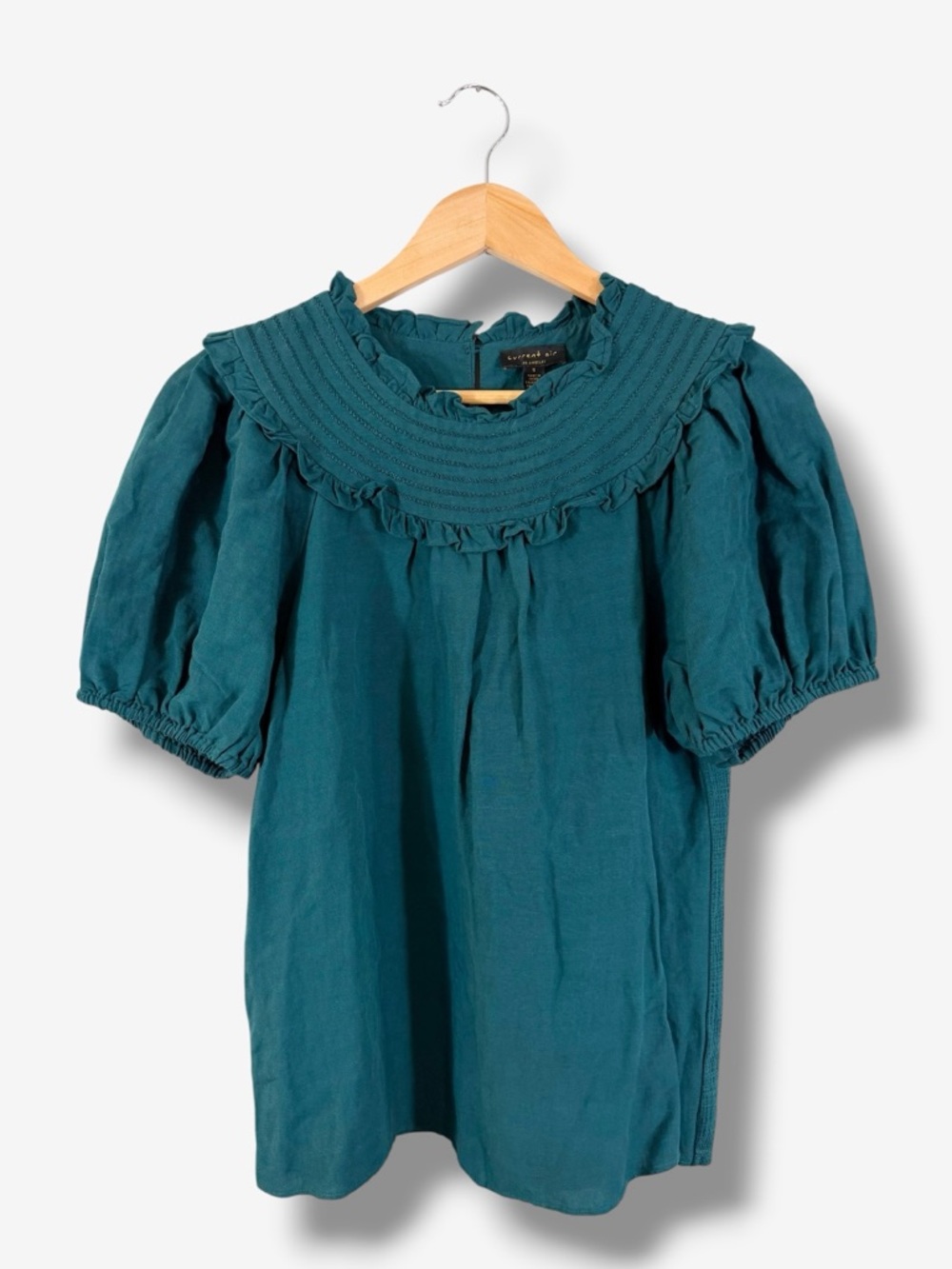 Current Air Linen Blend Puff Sleeve Ruffle Top Size S Teal Green Knit Back